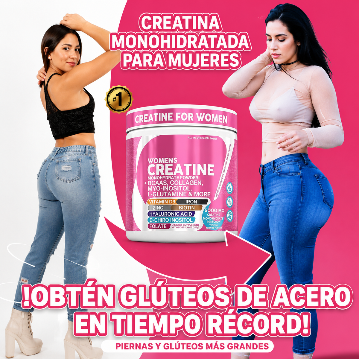 Creatina Monohidrato en Polvo para Mujeres 5000mg con Colágeno, BCAA, Mio-Inositol y Vitaminas