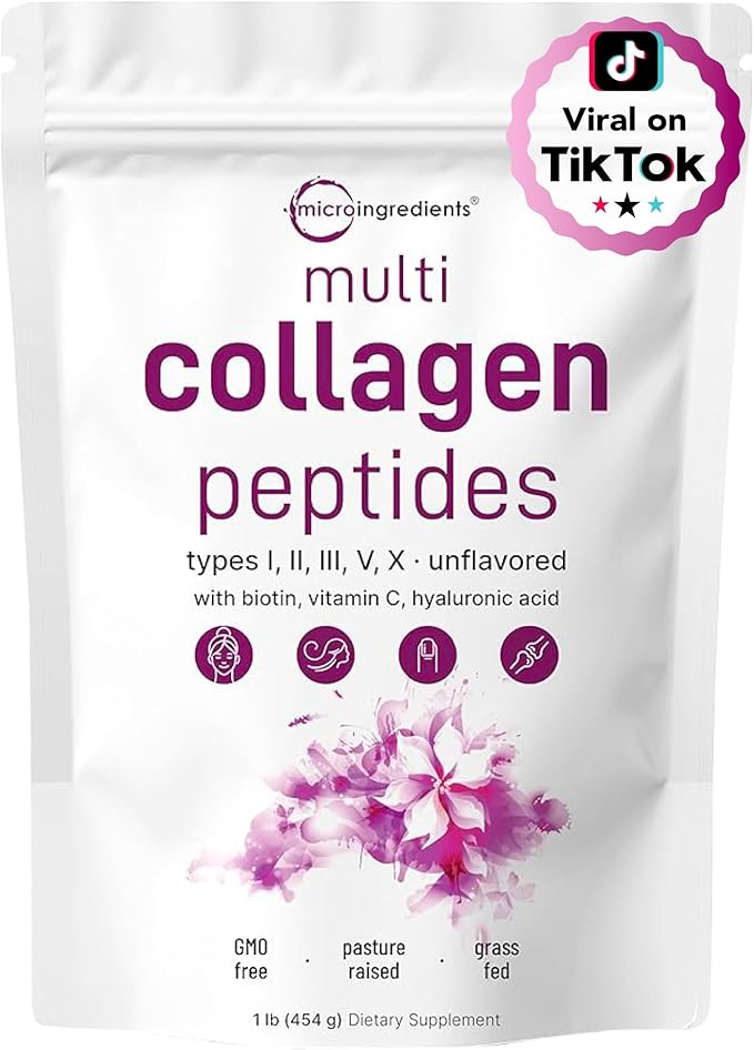 Colágeno múltiple, 1 libra – hidrolizado tipo I, II, III, V, X con biotina, ácido hialurónico, vitamina C –