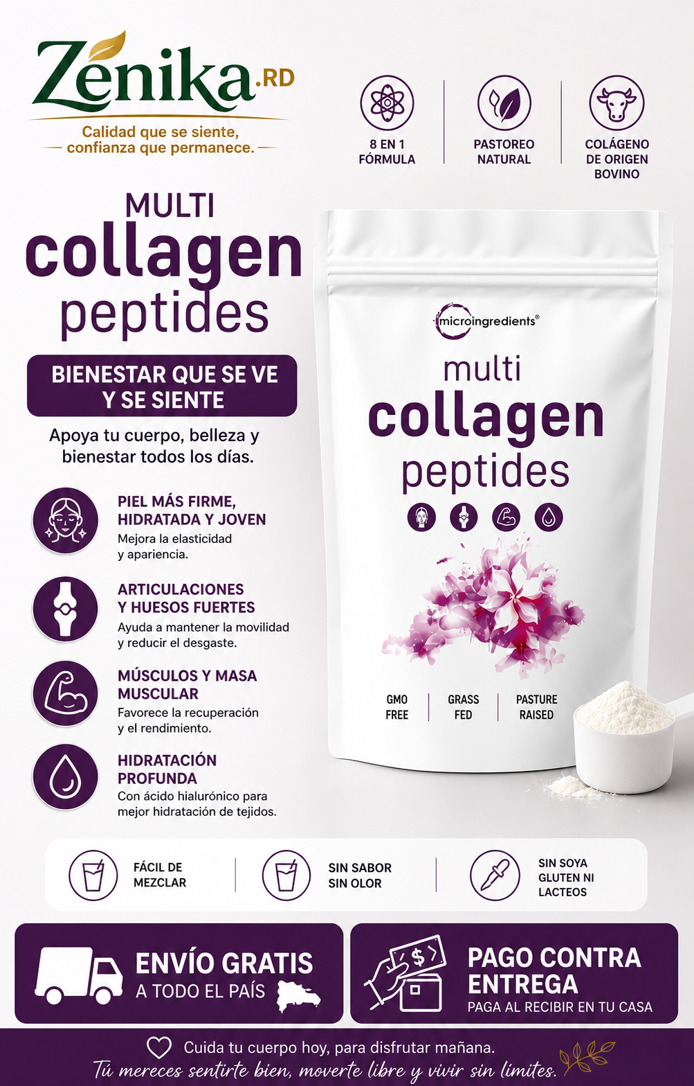 Colágeno múltiple, 1 libra – hidrolizado tipo I, II, III, V, X con biotina, ácido hialurónico, vitamina C –
