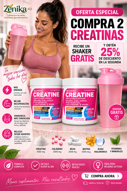 Creatina Monohidrato en Polvo para Mujeres 5000mg con Colágeno, BCAA, Mio-Inositol y Vitaminas
