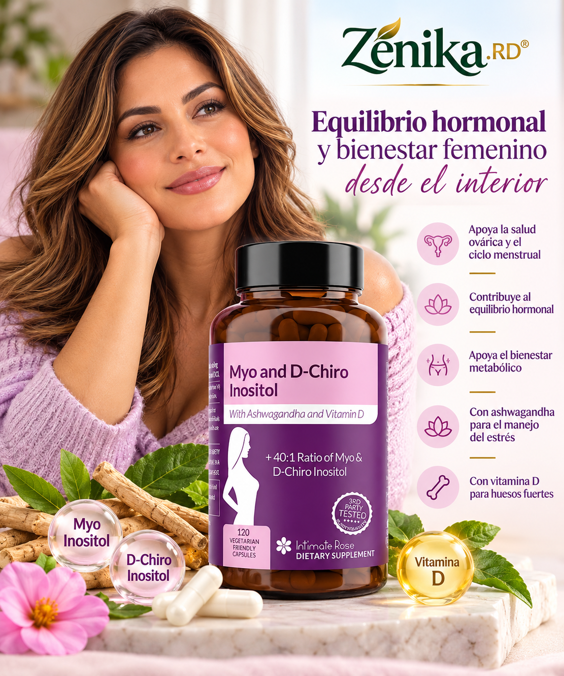 2 frascos de Myo-inositol y D-Chiro inositol para el equilibrio hormonal para mujeres