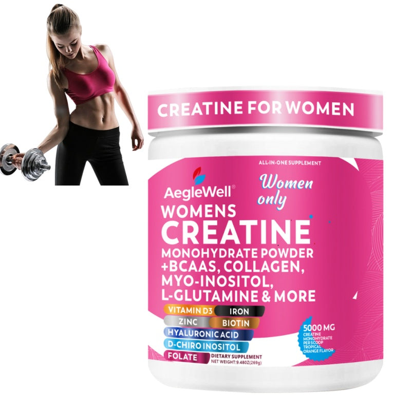 Creatina Monohidrato en Polvo para Mujeres 5000mg con Colágeno, BCAA, Mio-Inositol y Vitaminas