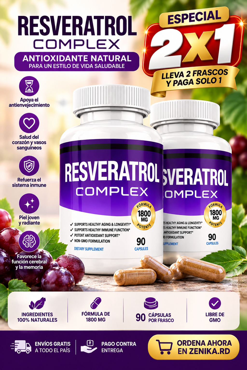 Dos frascos de Complejo de Resveratrol con 1800mg para Combatir el Envejecimiento y Mejorar la Salud del Corazón, Antioxidante Potente