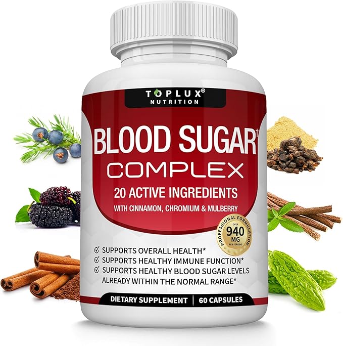 Suplemento Complejo de Azúcar en la Sangre - Apoya Niveles Saludables de Azúcar en la Sangre, Completamente Natural con Canela, Melón Amargo, Cromo, Morera, Ácido