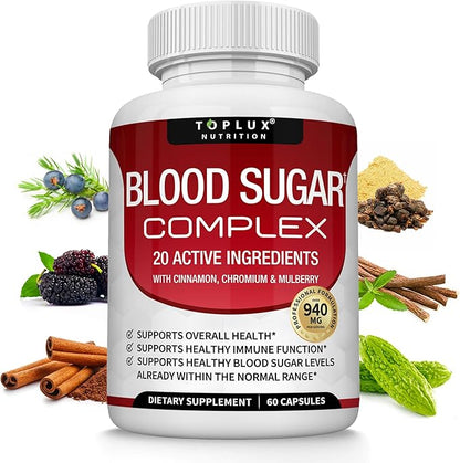 Suplemento Complejo de Azúcar en la Sangre - Apoya Niveles Saludables de Azúcar en la Sangre, Completamente Natural con Canela, Melón Amargo, Cromo, Morera, Ácido
