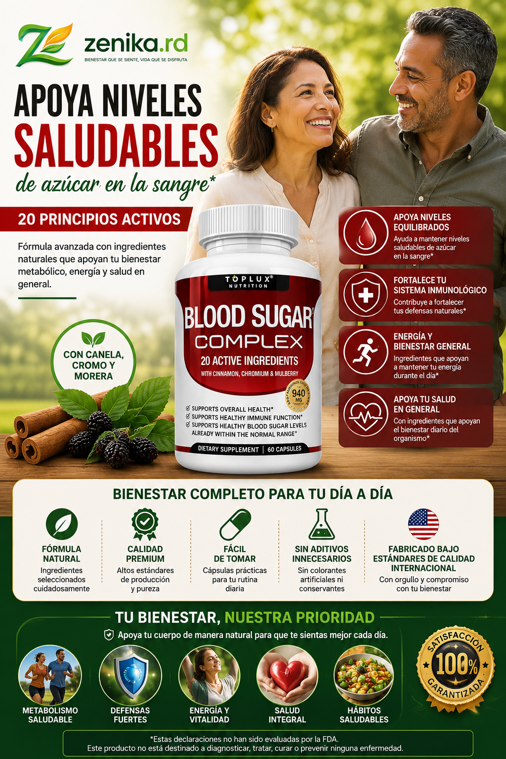 Suplemento Complejo de Azúcar en la Sangre - Apoya Niveles Saludables de Azúcar en la Sangre, Completamente Natural con Canela, Melón Amargo, Cromo, Morera, Ácido