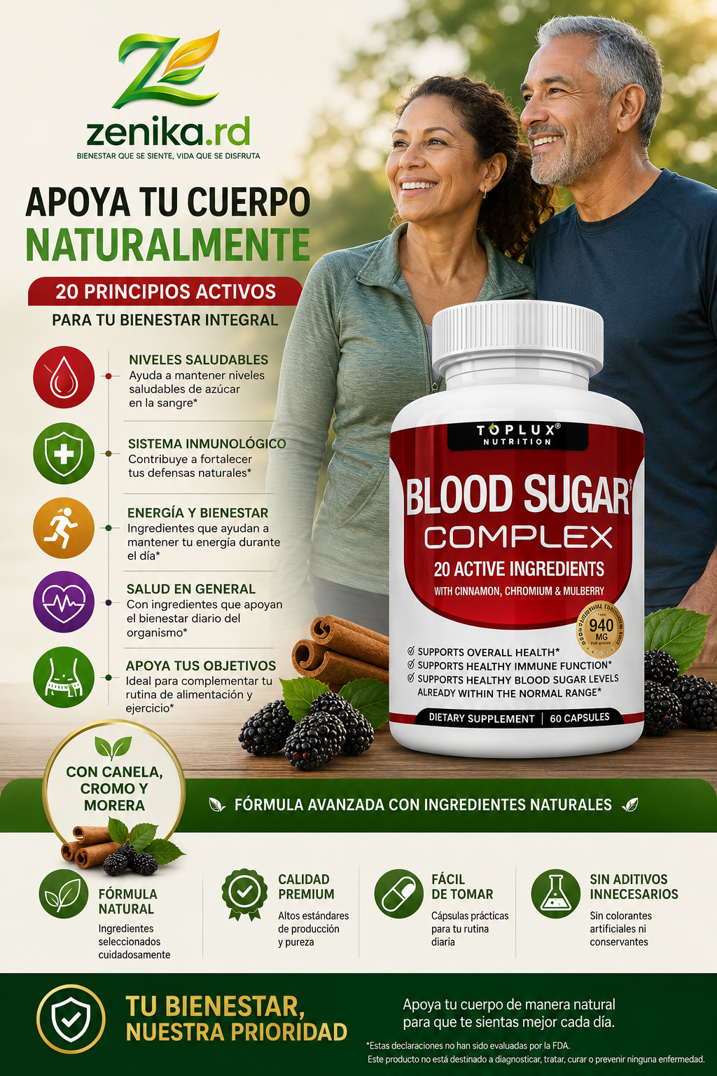 Suplemento Complejo de Azúcar en la Sangre - Apoya Niveles Saludables de Azúcar en la Sangre, Completamente Natural con Canela, Melón Amargo, Cromo, Morera, Ácido