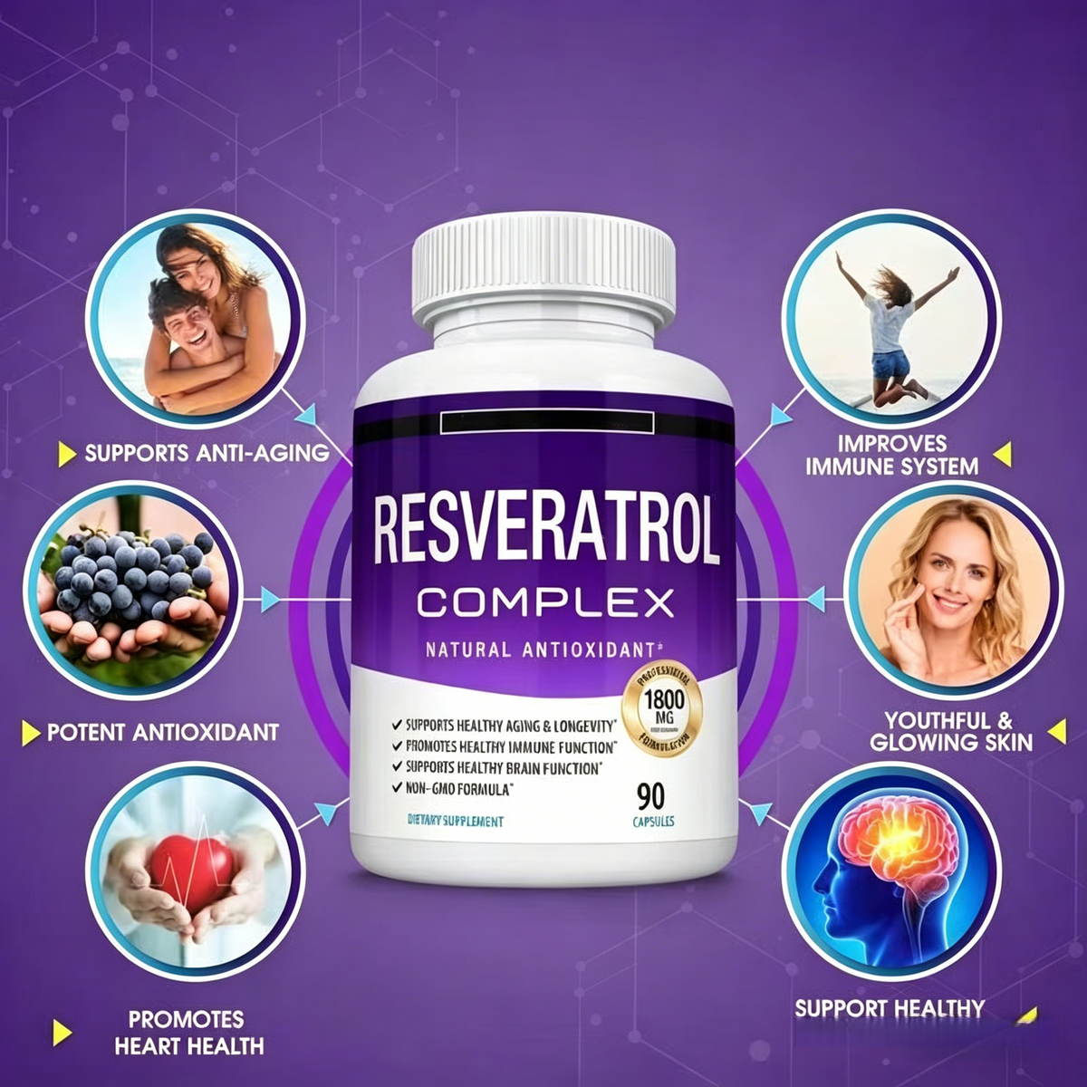 Dos frascos de Complejo de Resveratrol con 1800mg para Combatir el Envejecimiento y Mejorar la Salud del Corazón, Antioxidante Potente